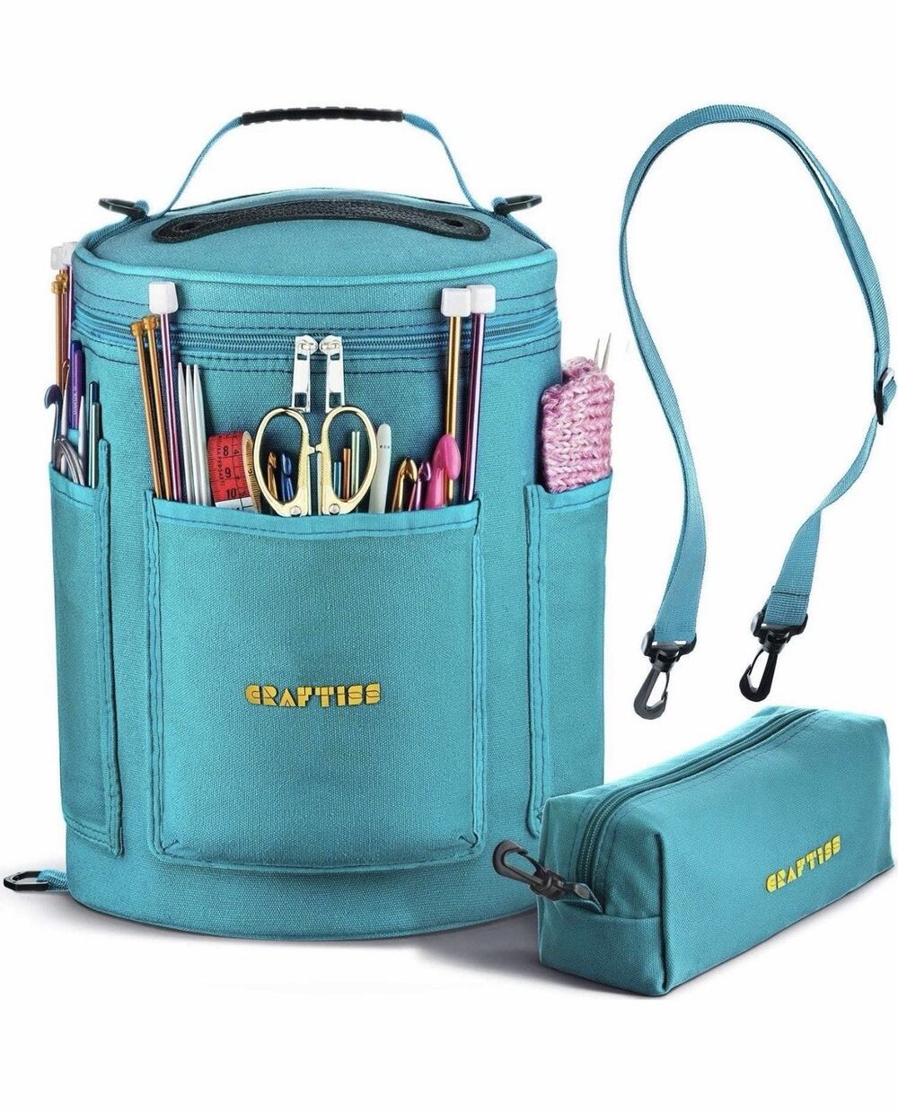 NEW Craftiss Yarn Storage Organizer Bag Crochet Knitting Tote Teal w/Accessories